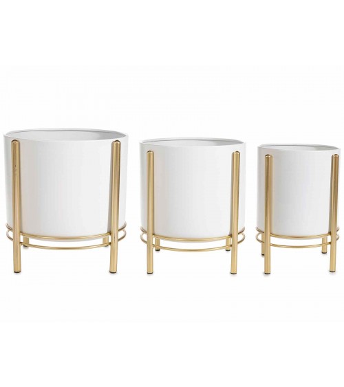 Set of 3 White Metal Vases with Golden Support