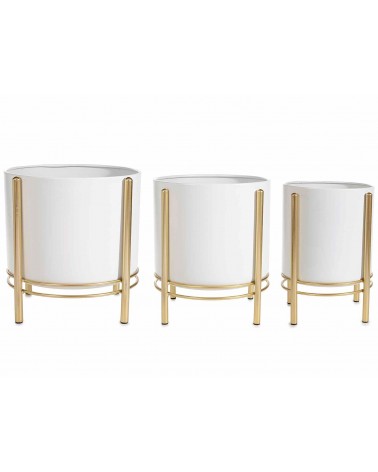 Set de 3 Vases en Métal Blanc avec Support Doré - 