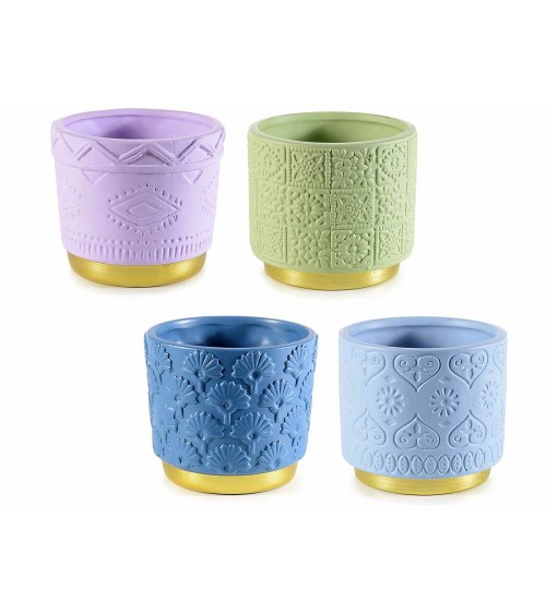 Set aus 4 farbigen Keramikvasen mit Reliefverzierungen und goldenem Sockel - 