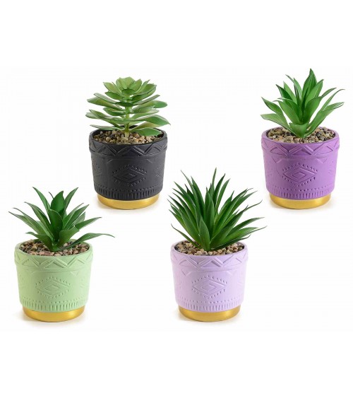 Set aus 4 farbigen Keramikvasen mit künstlicher Pflanze - 