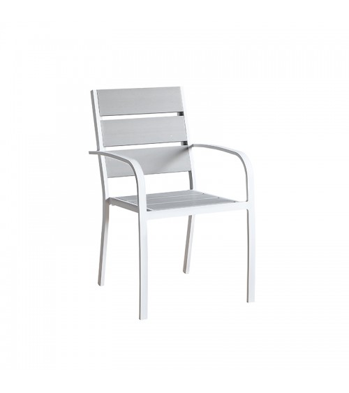 Set of 2 Chairs with Armrest in White Aluminum and Gray Synthetic Wood