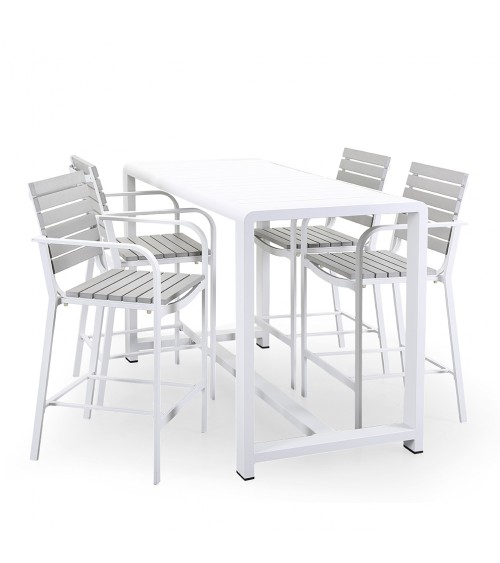 Ensemble de table basse et 4 tabourets de bar en aluminium blanc et bois synthétique gris - 