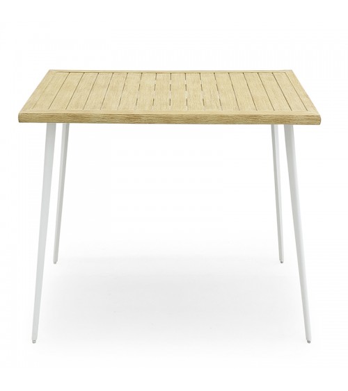 Table carrée en acier et plateau en aluminium effet bois - Leonardo
