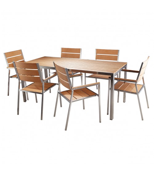 Donatello – Set aus Tisch und 6 Stühlen aus Stahl und Sumparholz - 
