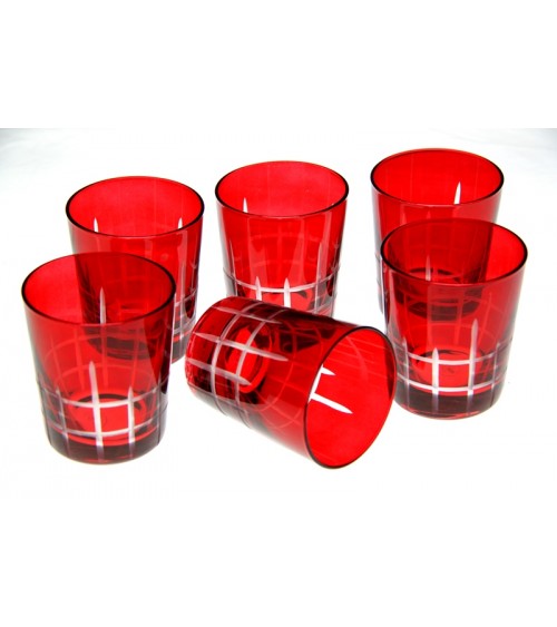 Famille Royale - Lot de 6 verres rouges sculptés à motif carré - 