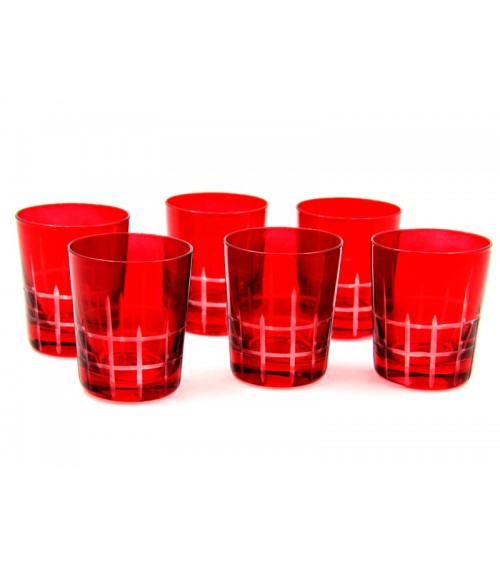 Famille Royale - Lot de 6 verres rouges sculptés à motif carré - 