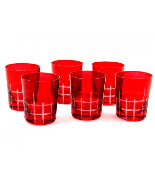 Royal Family - Set of 6 Carved Red Glasses with Square Pattern -  - 