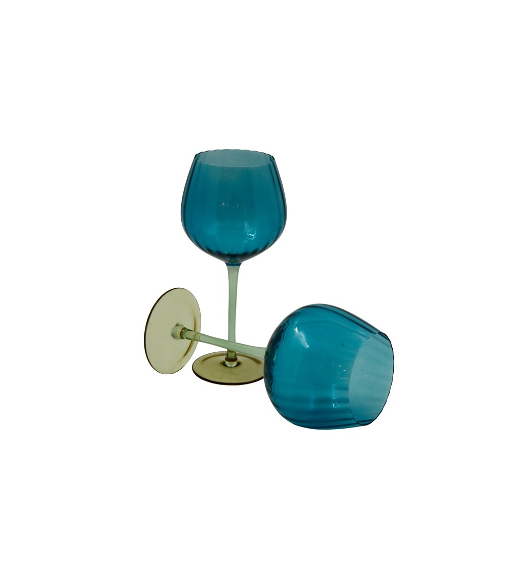 Royal Family - Set of 2 Tall Wine Glasses "Rainbow" Blue, Amber and Green -  - 