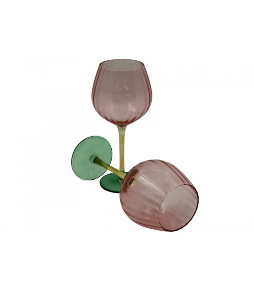 Royal Family - Set of 2 Tall Wine Glasses "Rainbow" Pink - Green and Amber -  - 