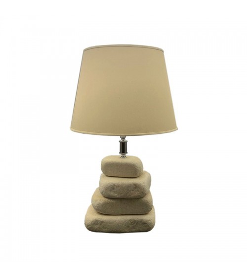 Lampe en pierre galet avec abat-jour en coton et accessoires en acier poli - 