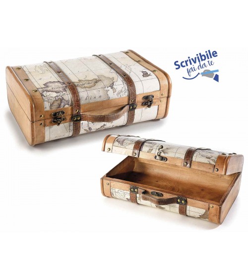 Lot de 2 valises en bois avec imprimé du monde et empiècements semi-cuir - 