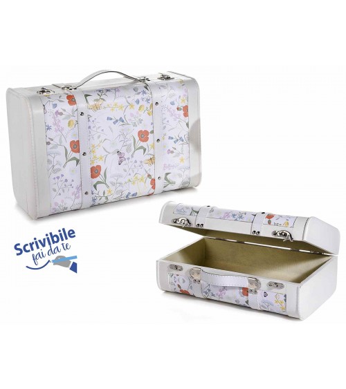 Set of 2 Decorative Suitcases in White Wood with Floral Decorations -  - 