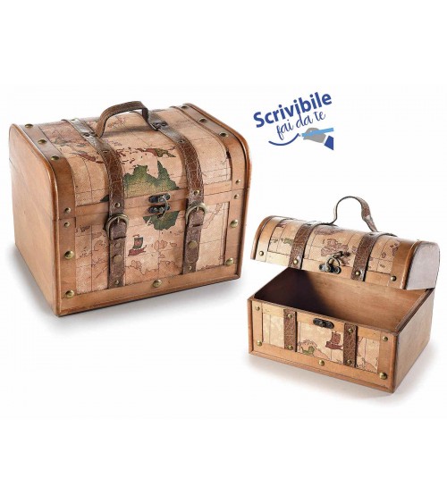 Set of 2 wooden trunks with Mondo decoration and semi-leather inserts -  - 