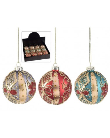 Set of 12 Glass Christmas Baubles with Gold Glitter Baroque Decoration -  - 