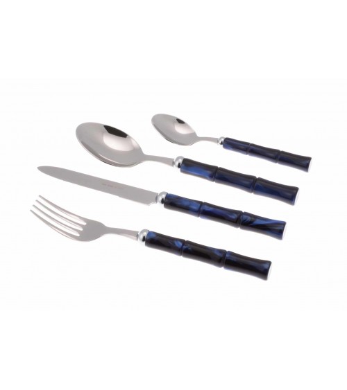 Bamboo - Stainless Steel Cutlery with Mother of Pearl Handle Rivadossi - Set for 4 People - blue