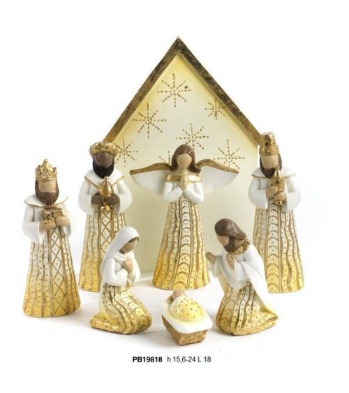 Set of 8 pieces Modern Nativity Scene in Stylized Resin with Hut and Gold Details -  - 