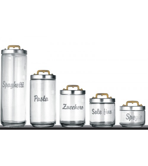 Set of 5 Glass Kitchen Containers with Writing and Cap in Aluminum and Brass - Ottinetti -  - 