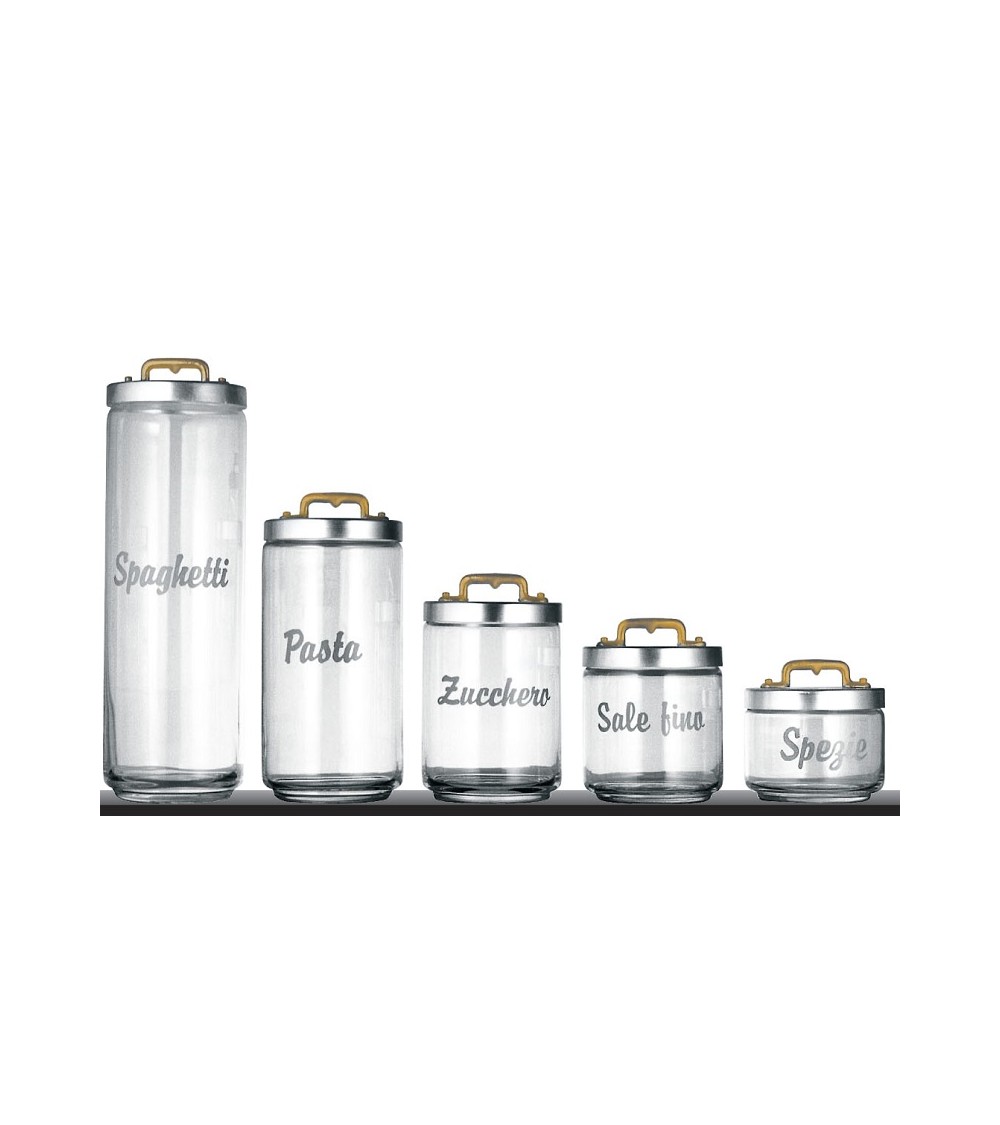 Set of 5 Glass Kitchen Containers with Writing and Cap in Aluminum and Brass - Ottinetti -  - 