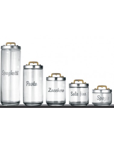 Set mit 5 Küchenbehältern aus Glas mit Beschriftung und Verschluss aus Aluminium und Messing – Ottinetti - 