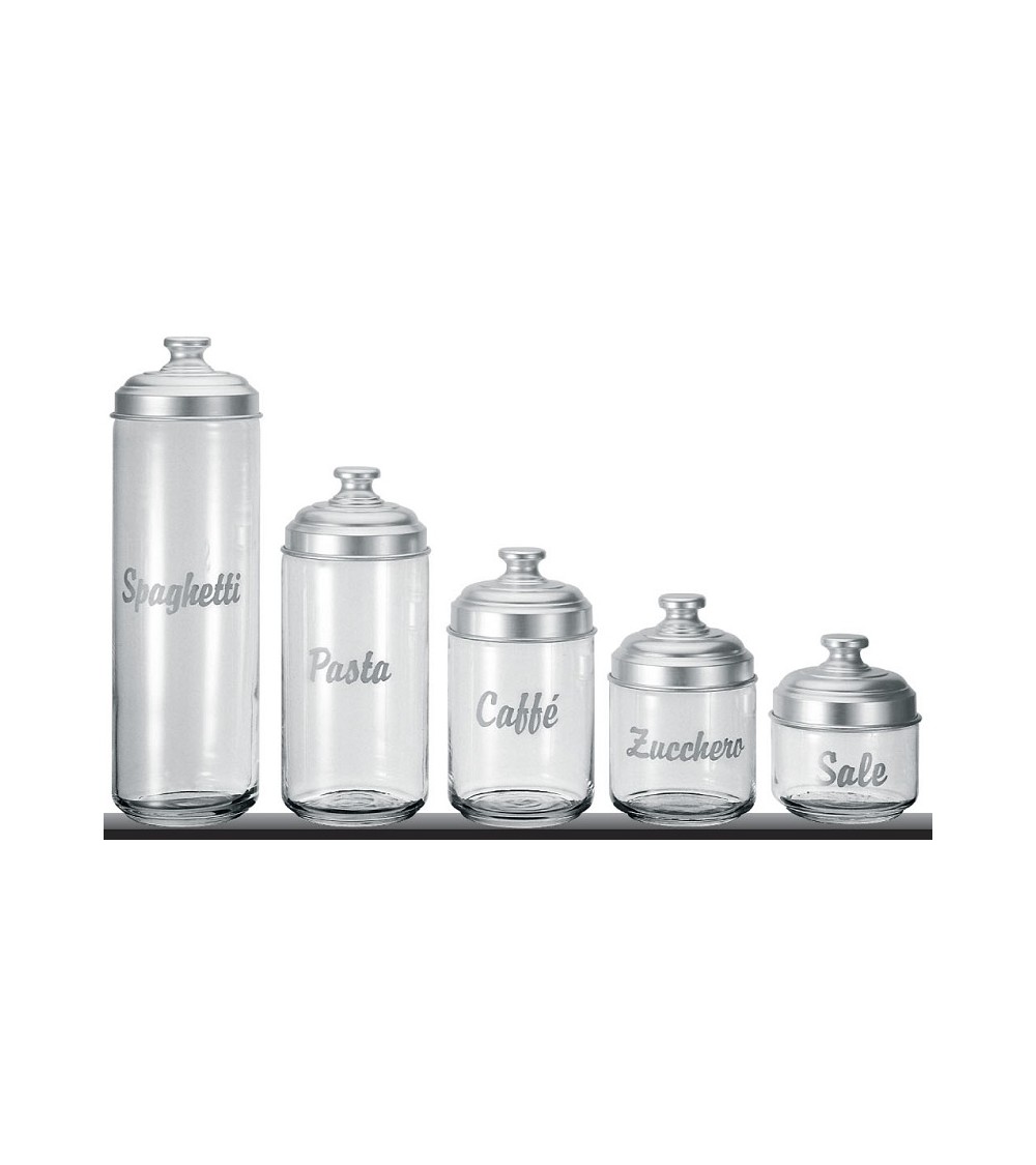 Set of 5 glass kitchen containers with writing and cap in matt aluminum - Ottinetti -  - 