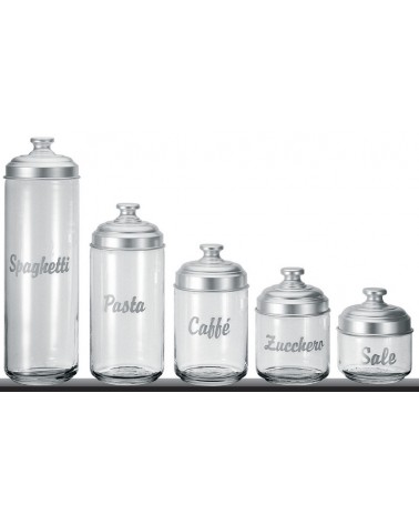 Set of 5 glass kitchen containers with writing and cap in matt aluminum - Ottinetti -  - 