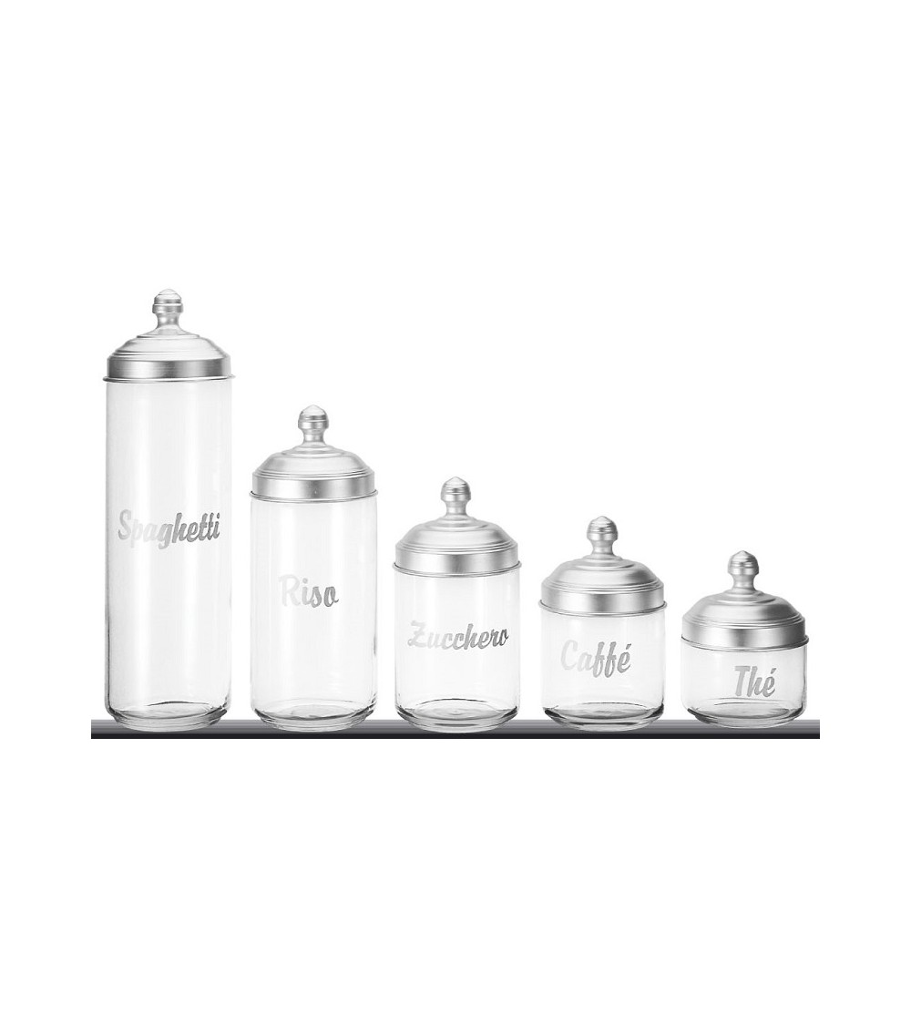 Set of 5 Glass Kitchen Containers with Writing and Matt Aluminum Lid - Ottinetti -  - 