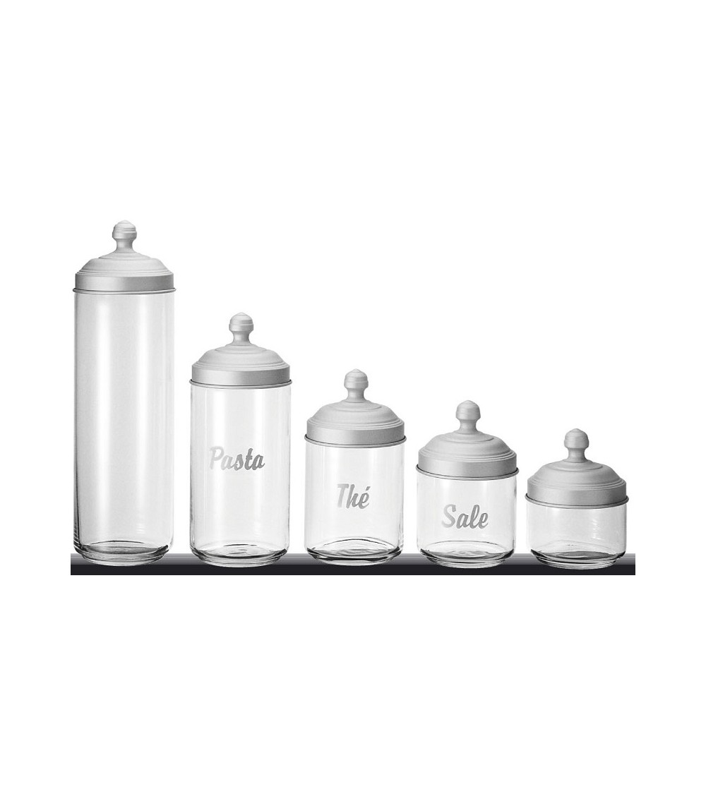 Set mit 5 Küchenbehältern aus Glas mit Beschriftung und Deckel aus satiniertem Aluminium – Ottinetti - 