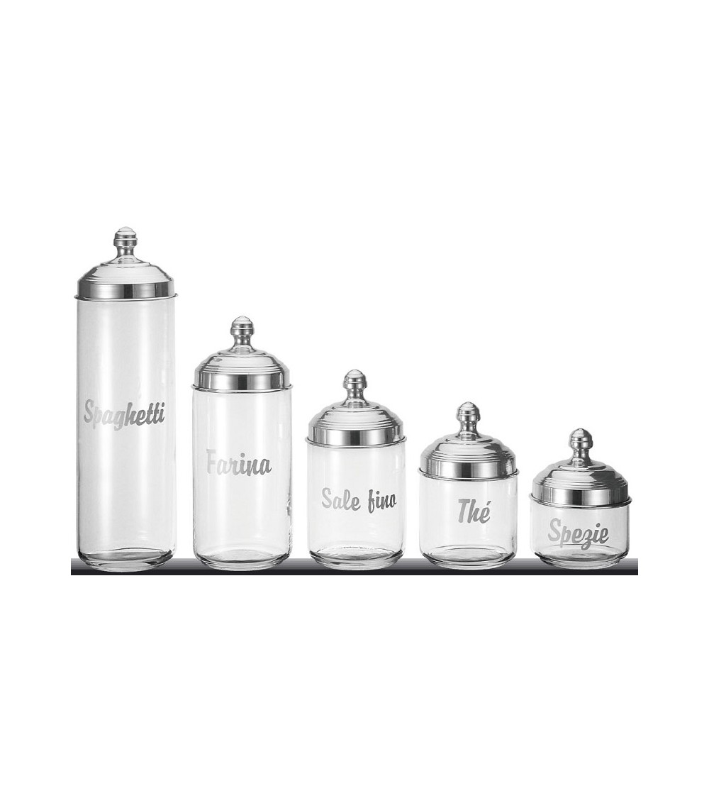 Set of 5 Glass Kitchen Containers with Writing and Polished Aluminum Lid - Ottinetti -  - 