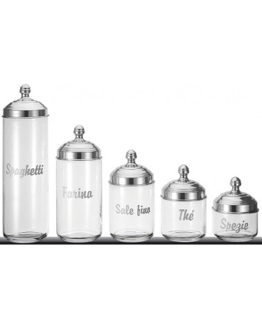 Set of 5 Glass Kitchen Containers with Writing and Polished Aluminum Lid - Ottinetti -  - 