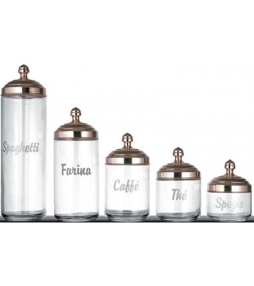 Set aus 5 Küchenbehältern aus Glas mit Beschriftung und poliertem Kupferdeckel – Ottinetti - 