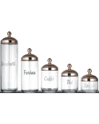 Set aus 5 Küchenbehältern aus Glas mit Beschriftung und poliertem Kupferdeckel – Ottinetti - 