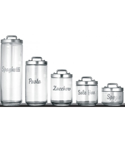 Set of 5 Glass Kitchen Containers with Writing, Cap and Aluminum Bridge - Ottinetti -  - 