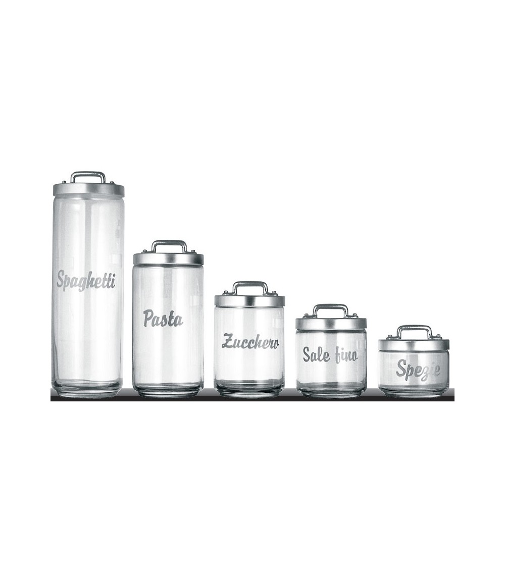 Set of 5 Glass Kitchen Containers with Writing, Cap and Aluminum Bridge - Ottinetti -  - 