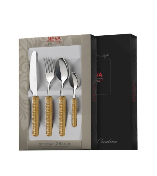 Cutlery 24 Pcs with beige Rattan Decoration - Neva Posateria