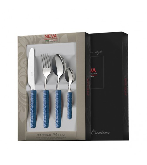 Cutlery 24 Pcs with Blue Rattan Decoration - Neva Posateria