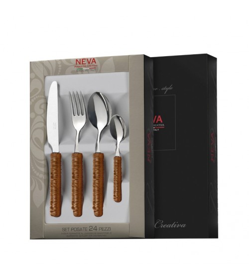 Cutlery 24 pieces with leather brown rattan decoration - Neva Posateria