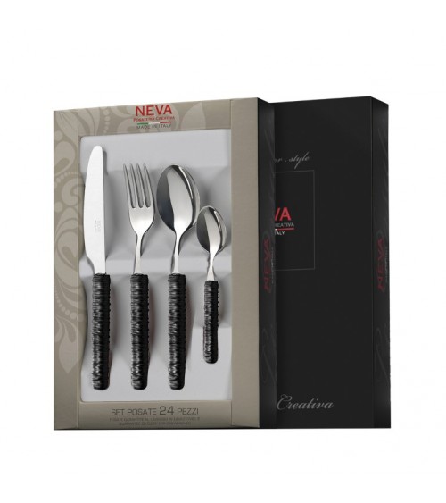 Cutlery 24 Pcs with Black Rattan Decoration - Neva Posateria