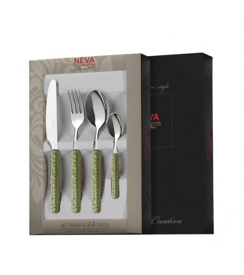 Cutlery 24 Pcs with Sage Green Rattan Decoration - Neva Posateria