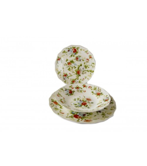Service de plats 18pz pour six personnes, avec des roses de décorum délicates dans un style shabby chic / romantique