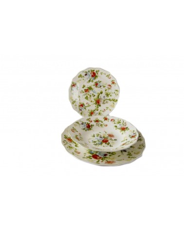 Service de table de 18 pièces pour six personnes, avec une délicate décoration de roses dans un style shabby chic/romantique
