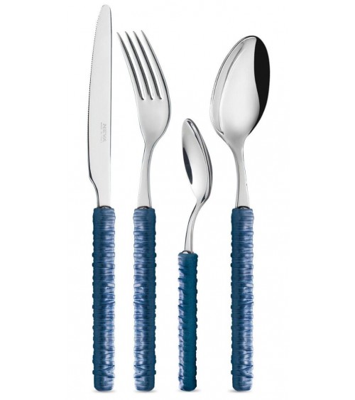 Couverts 24 pcs avec décoration en rotin - Neva Posateria - bleu