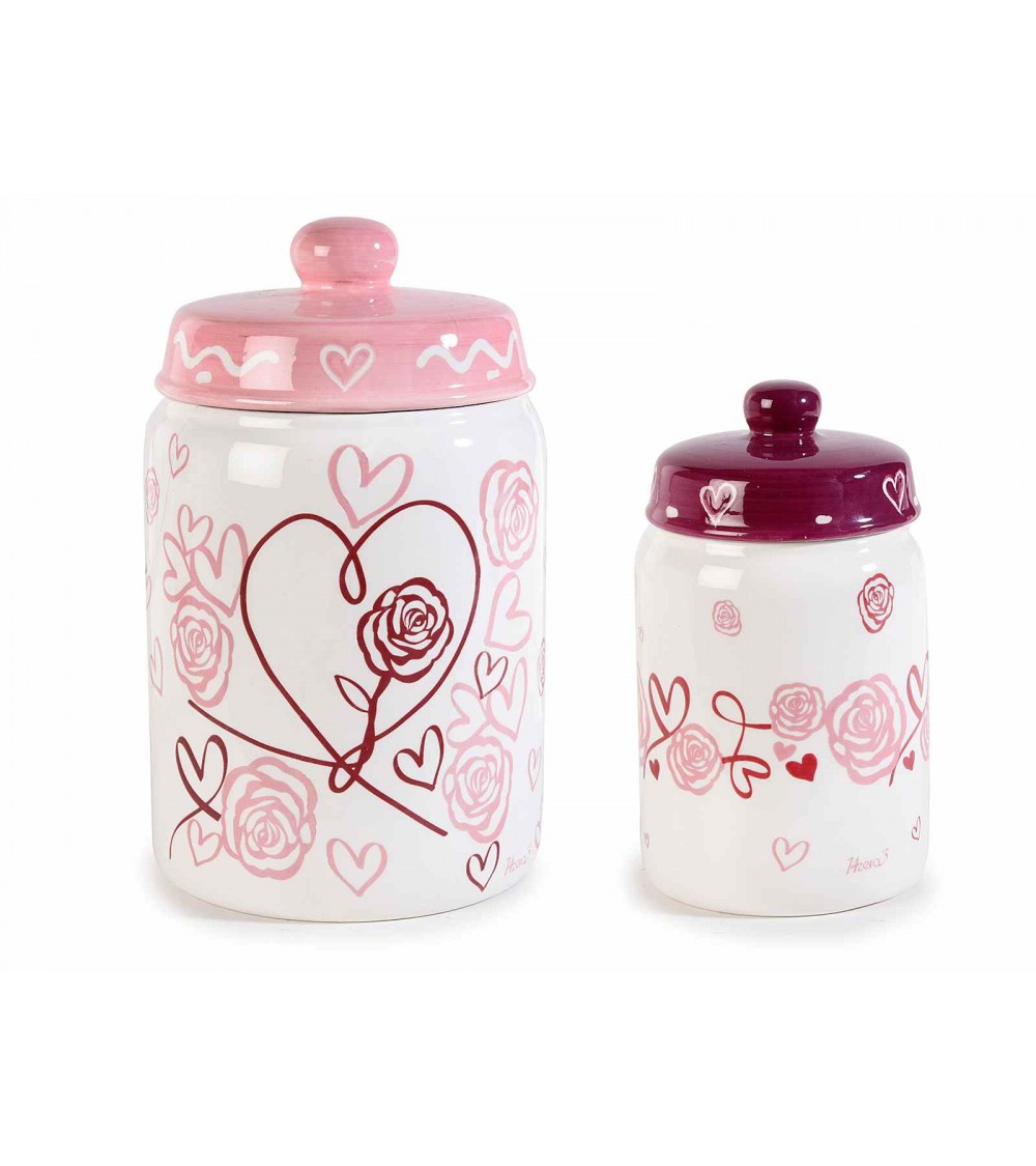 Lot de 2 Pots de Cuisine en Céramique Décorés - "Roses & Coeurs" -