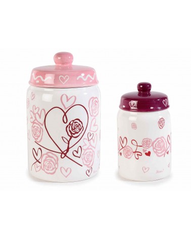 Set of 2 Decorated Ceramic Kitchen Jars - "Rose & Hearts" -