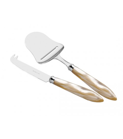 2pcs Knife and Cheese Shovel Set - Agata - Modern Mother of Pearl Cutlery Rivadossi Sandro - ivory color