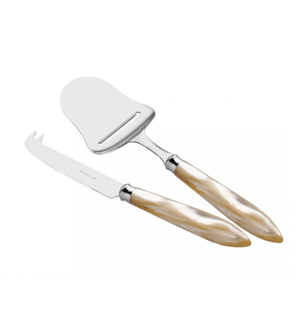 2-teiliges Messer- und Käseschaufel-Set – Agata – modernes Perlmuttbesteck Rivadossi Sandro – elfenbeinfarben