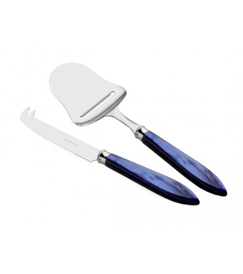 Set of 2 Cheese Knife and Shovel - Agata - Rivadossi Sandro Mother of Pearl Modern Cutlery - Blue Color