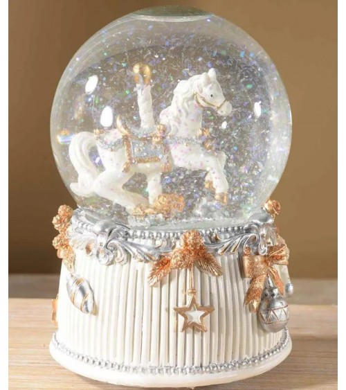 Weihnachtskugel-Spieluhr mit weißem und silbernem Pferd – Shabby Chic –
