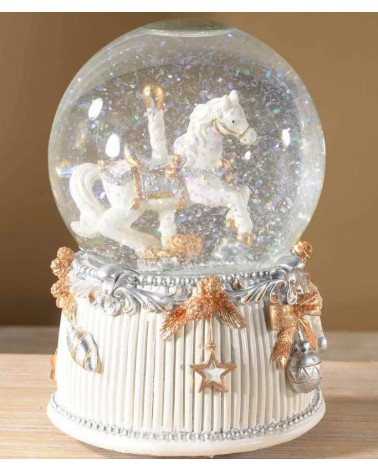Weihnachtskugel-Spieluhr mit weißem und silbernem Pferd – Shabby Chic –