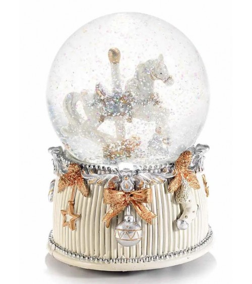 Weihnachtskugel-Spieluhr mit weißem und silbernem Pferd – Shabby Chic –