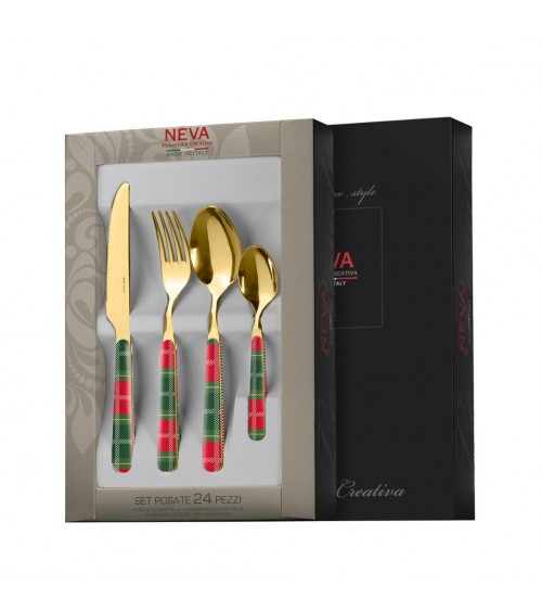 Set Posate Natalizie di Lusso "Tartan Oro" Neva – 24 Pezzi | Design Unico Made in Italy - 